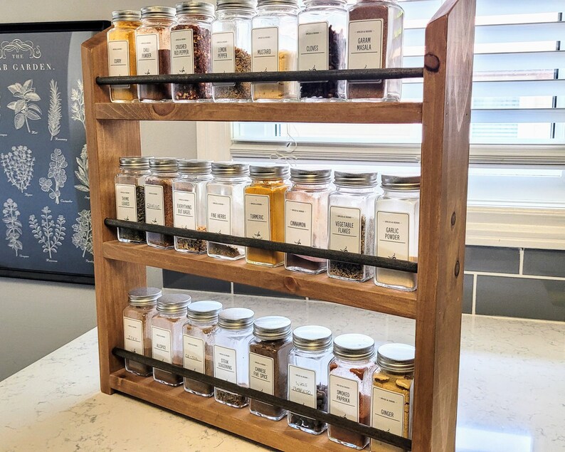 Unique 9-72 Jar Spice Rack Multi-Color Choice Wall Mounted Or Countertop Spice Holder Rustic Kitchen Pantry Spice Organization Storage image 2