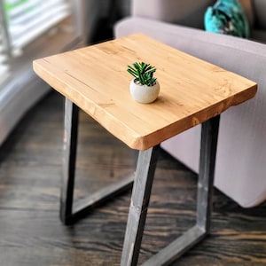 May include: A small wooden side table with a live plant in a white pot on top. The table has a natural wood finish and black metal legs.