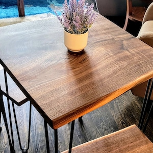 Square Live Edge Black Walnut Kitchen Table | Custom Handmade Breakfast Nook | Solid Wood Dining Table | Hard Wood Custom Desk Steel Legs