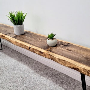 8" Deep Hand Carved Live Egde Bench With Metal Legs | Free Delivery | Rustic Modern Entryway / Mud Room Furniture | Solid Wood Plant Display