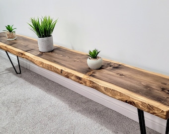 8" Deep Hand Carved Live Egde Bench With Metal Legs | Free Delivery | Rustic Modern Entryway / Mud Room Furniture | Solid Wood Plant Display