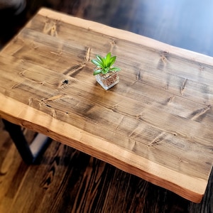 May include: A rustic wooden coffee table with a live edge top and black metal legs. A small potted plant sits on the table.