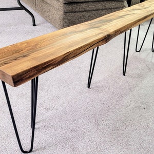 7" Narrow Maple Live Edge Bench With Hairpin Legs | Solid Ash Hardwood ...