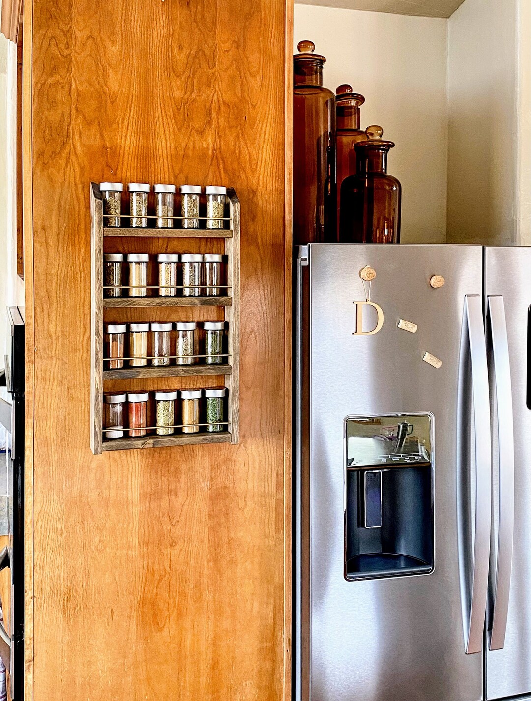 13 Wide Brass Rod Spice Rack Solid Wood 6-48 Jar Wall Mounted or ...
