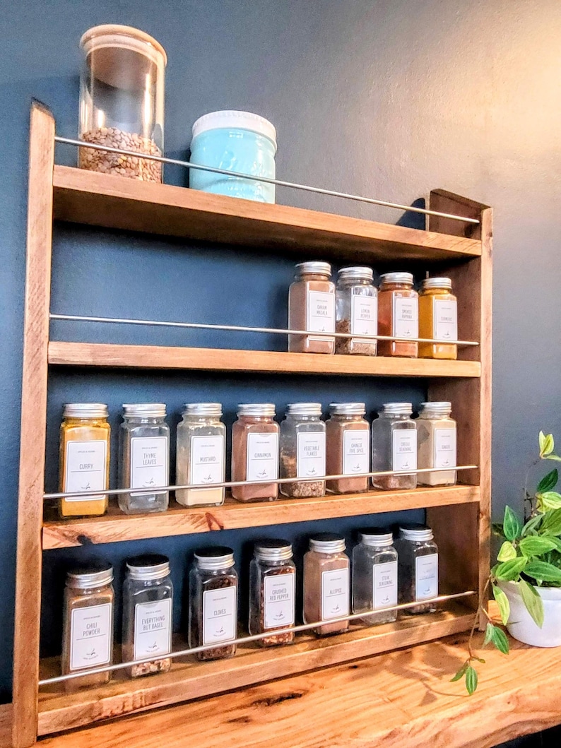Stylish 20"-28" Wide - 4 Shelf Solid Wood Spice Rack | Brass or Stainless Steel Bars | Unique Countertop or Mountable Kitchen Pantry Storage