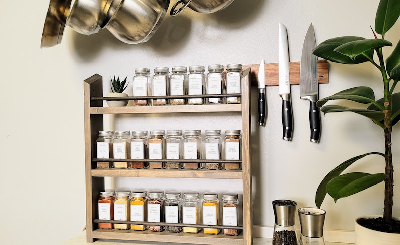 Unique 9-72 Jar Spice Rack Multi-Color Choice Wall Mounted Or Countertop Spice Holder Rustic Kitchen Pantry Spice Organization Storage image 9