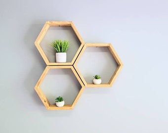 Set of Three Handmade Hexagon Floating Shelves | Plant Shelf | Modern Farmhouse Shelves | Honeycomb Kitchen Décor | Hexagon Wall Shelves |