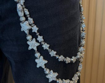 Iced Out Double Diamond Star Wallet Jeans Chain | Silver Streetwear Accessory