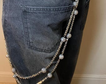 Vintage Silver Wallet Chain | Mixed Metal Crystal Bead Biker Accessory for Jeans & Bags (75cm)