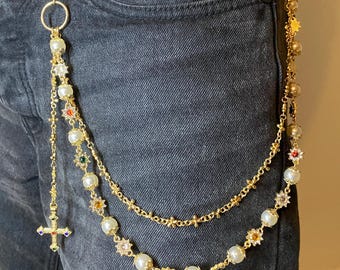 Double Pearl & Cross Gold Wallet Chain | Y2K Streetwear Jeans Accessory