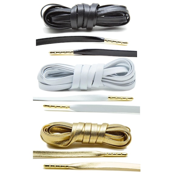 160CM Black, White, Gold Flat Luxury Leather Shoe Laces with Gold Metal Tips - Plated