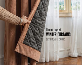 May include: Brown thermal layered winter curtains with a quilted dark grey lining and a light brown border. The image text reads "Thermal Layered Winter Curtains Customizable Drapes."