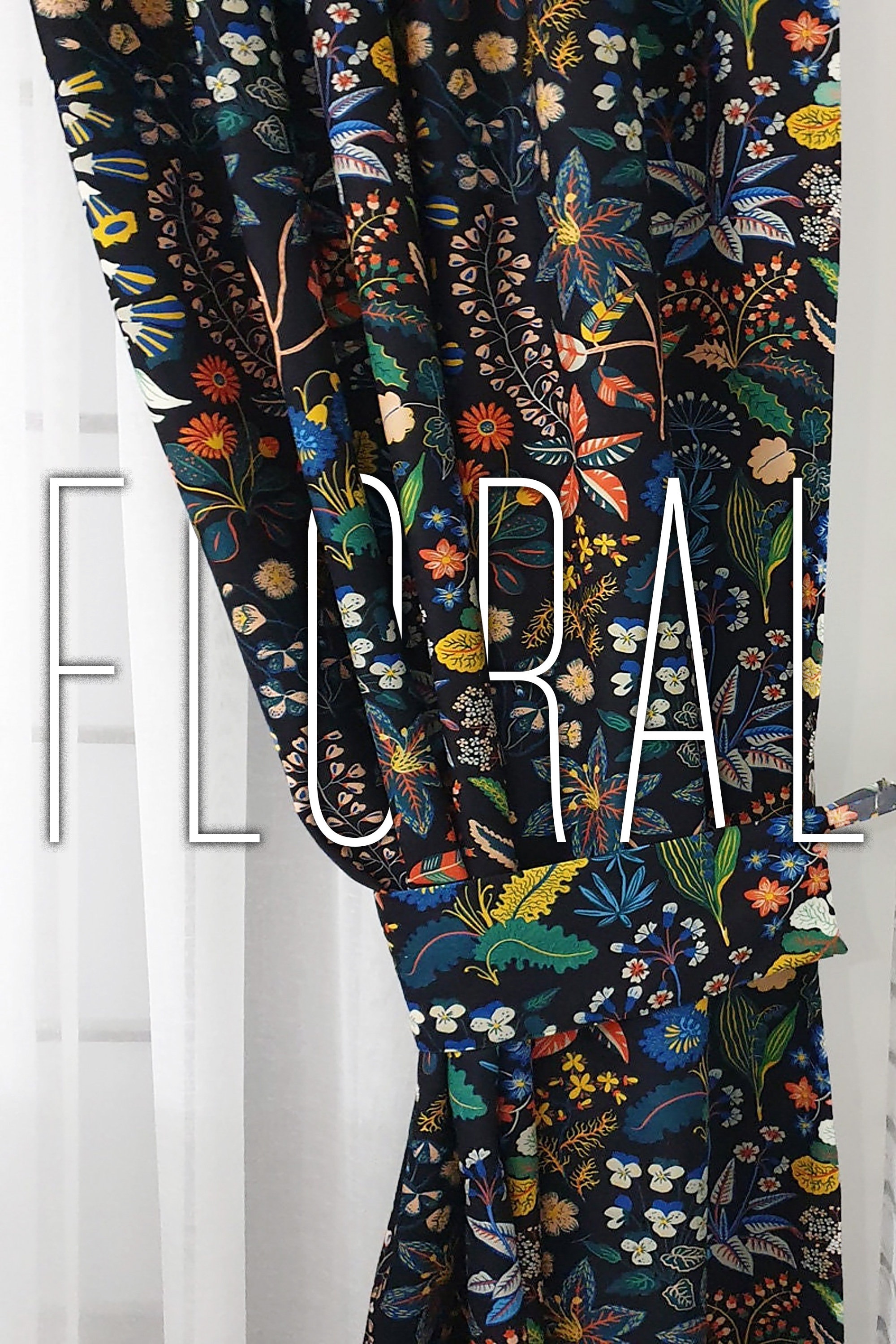 Floral Curtain for Living Room, Dark colored floral curtain, Botanical curtains, Tropical Leafy Curtain, Custom Drapes