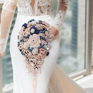 Wedding bouquet in Navy Blue and Rose Gold Brooch Bouquet Cascading Teardrop shape made of Jewelry Rhinestones Crystals Brooches