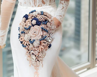 Wedding bouquet in Navy Blue and Rose Gold Brooch Bouquet Cascading Teardrop shape made of Jewelry Rhinestones Crystals Brooches