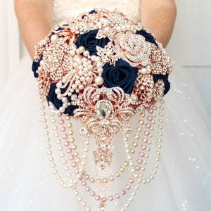 Navy blue brooch bouquet. Pearl cascading wedding bouquet of artifitial flowers and crystals
