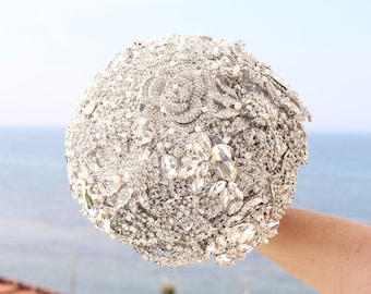 Silver full jeweled bridal bouquet. Elegant keepsake wedding bouquet