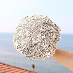 Special price! Silver full jeweled bridal bouquet. Elegant keepsake wedding bouquet