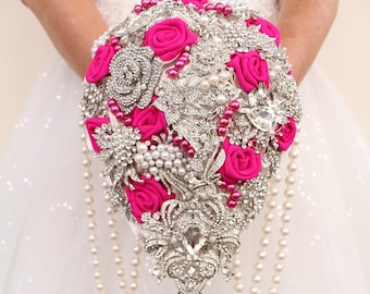 Fuchsia silver brooch bouquet. Bright pink Teardrop wedding bouquet. Bridal bouquet of brooches.