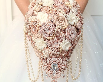 Rose gold Wedding Brooch Bouquet. Champagne ivory Cascade rose gold bouquet.