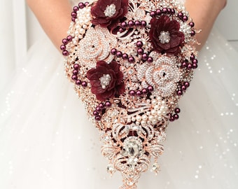 Rose gold cascade brooch bouquet. Burgundy wedding bouquet