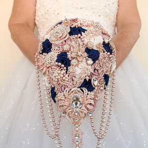 Dazzling Navy Blue and Rose Gold Wedding Bouquet in Teardrop shape with Pearl Cascading details