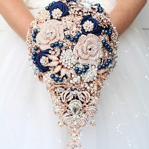 Navy blue and rose gold brooch bouquet. Cacsading wedding bouquet.