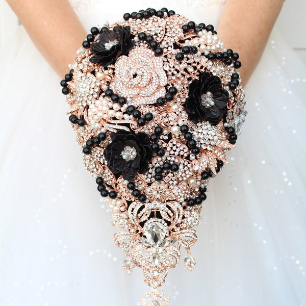 Black wedding bouquet. Brooch bouquet. Rose gold cascade bouquet.