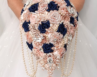 Brooch bouquet. Cascade bouquet. Navy blue rose gold wedding flowers. Champagne artifitial flowers. Bridesmaids bouquets