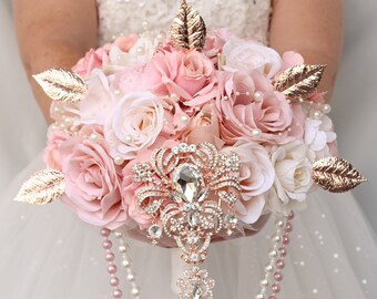 Pink wedding bouquet. Blush quinceanera bouquet. Rose gold bouquet. 1920s wedding. Cascade bouquet