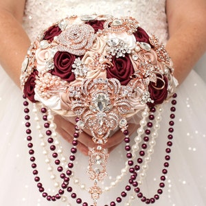 Burgundy rose gold bridal bouquet. Cascade brooch bouquet. Artfitial flowers wedding bouquet