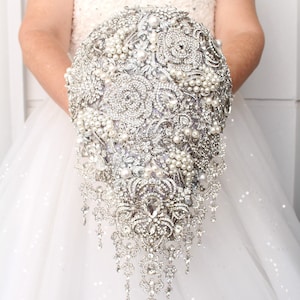 Silver Wedding bouquet. Pearl silver cascade luxury BROOCH BOUQUET