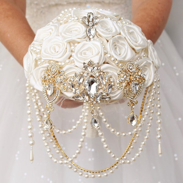 Gold white/ivory cascade brooch bouquet