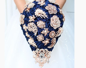 Navy blue rose gold brooch bouquet. Bridal cascading Teardrop wedding bouquet