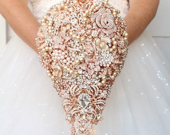 Rose gold brooch bouquet. Cascade wedding bouquet. Jeweled wedding bouquet.