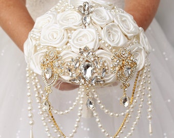 Gold white/ivory cascade brooch bouquet