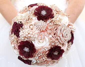 Burgundy rose gold brooch bouquet. Wine and champagne wedding bouquet