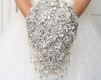 Silver brooch bouquet. Cascade luxury wedding bouquet. Crystal bling bridal bouquet