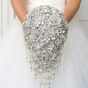 Silver brooch bouquet. Cascade luxury wedding bouquet. Crystal bling bridal bouquet