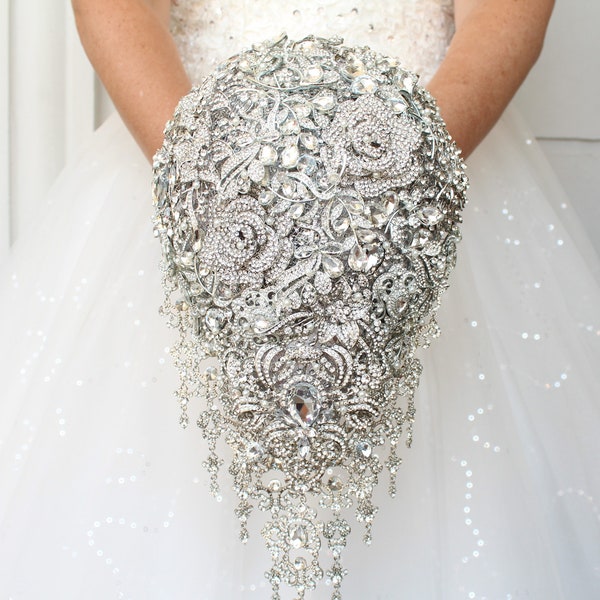 Silver brooch bouquet. Cascade luxury wedding bouquet. Crystal bling bridal bouquet