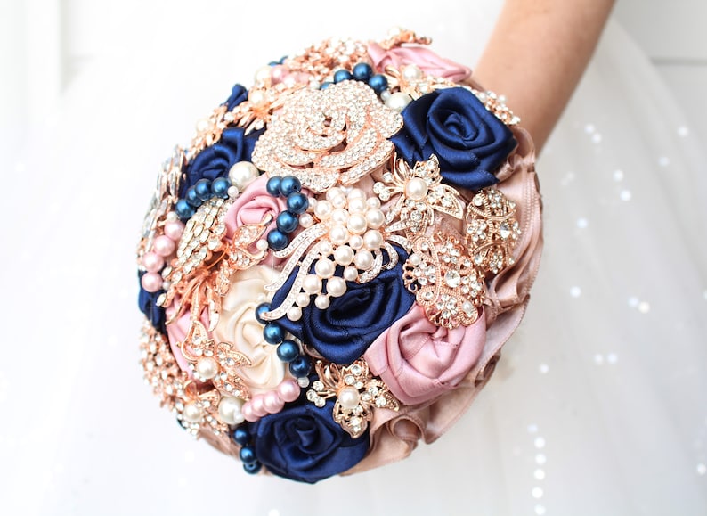Navy Blue Blush Pink Rose Gold Wedding Brooch Bouquet. Etsy