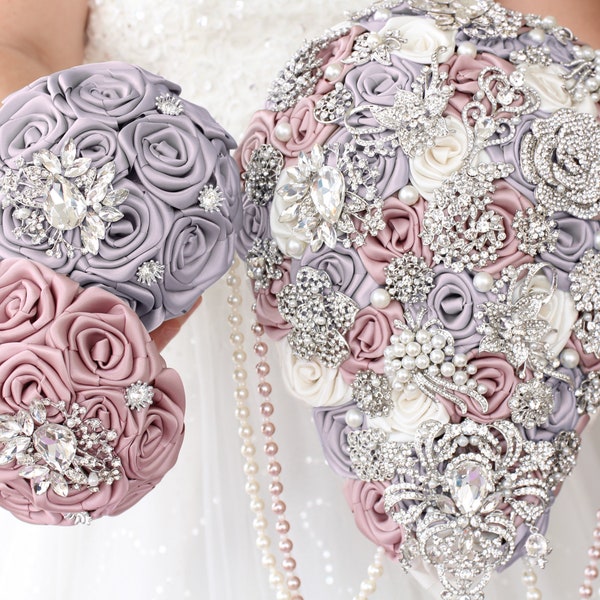 Dusty rose silver gray brooch bouquet. blush pink cascading wedding bouquet by BroochBouquets Luxury