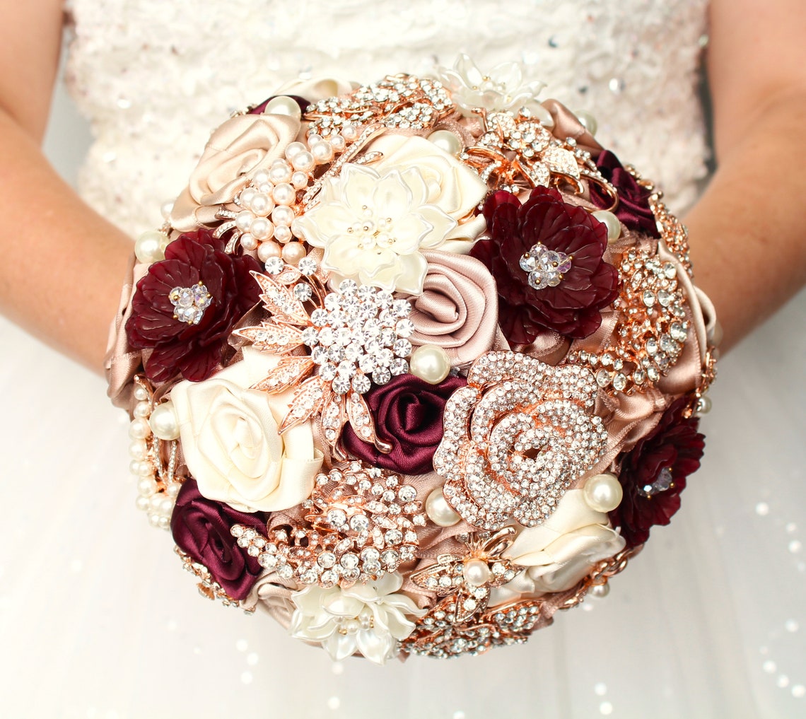 Burgundy rose gold brooch bouquet. Wine and champagne wedding Bridal bouquet