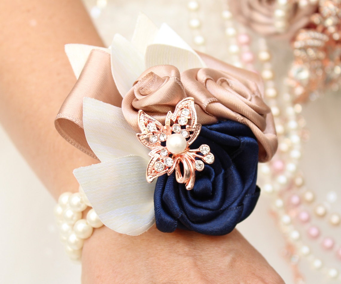 Bridesmaids corsage Navy blue Champagne rose gold prom Corsage