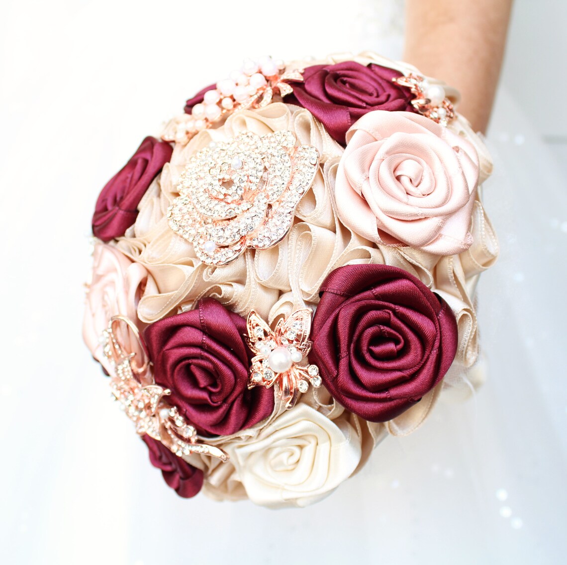 Burgundy Rose Gold Quinceañera Bouquet. Bridal Bouquet. Etsy