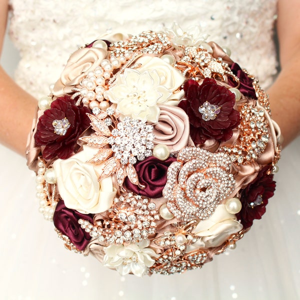 Burgundy Wedding bouquet. Burgundy blush pink bouquet. Rose gold  Brooch bouquet. Silk flowers bouquet. Quinceanera bouquet