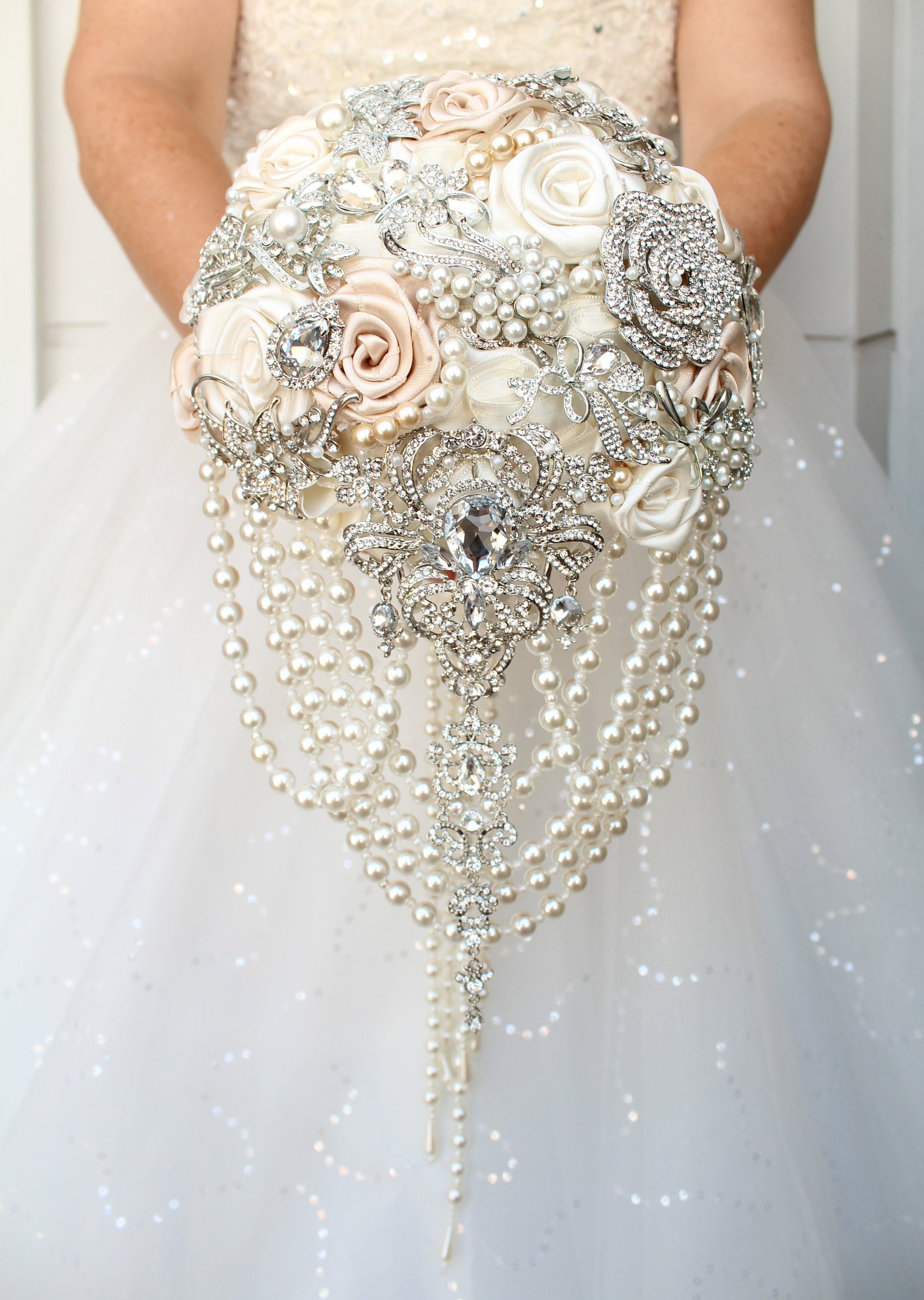 Silver champagne pearl brooch bouquet. Custom elegant bouquet