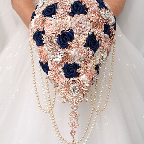 Rose Gold/navy Blue/ivory Bridal Brooch Bouquet Real Touch Etsy