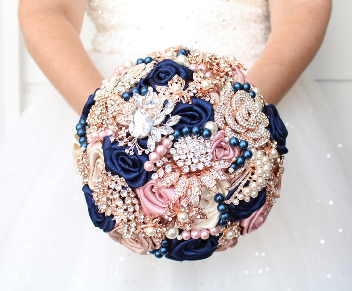 Navy blue Blush pink rose gold wedding brooch bouquet. Bridal bouquet