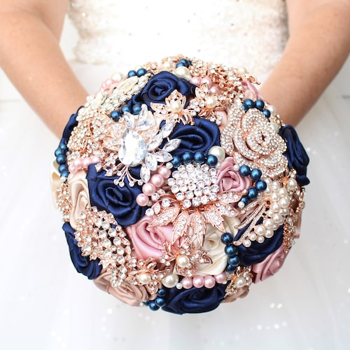 Navy Blue Blush Pink Rose Gold Wedding Brooch Bouquet. Etsy